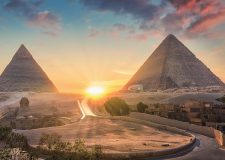 View of The Great Sphinx, Pyramid of Khafre and Great Pyramid of Giza at sunset, Cairo, Giza, Egypt